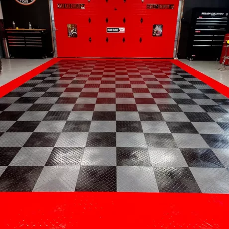 garage with red, black and alloy tuffshield