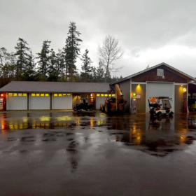 Garage lit up outside after the Washington rain