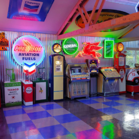 View of the Petroliana, vintage signs and neon