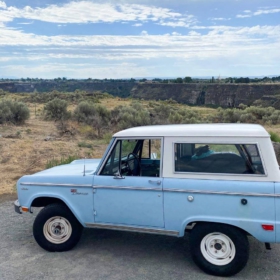 Sky blue Bronco at the Evel Knievel Snake River Jump site